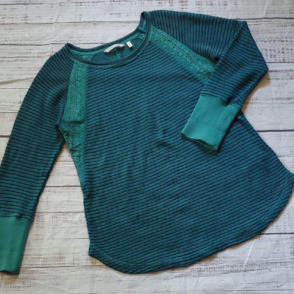 Soft Surroundings Teal Striped Sweatshirt Knit Top - Picture 2 of 9